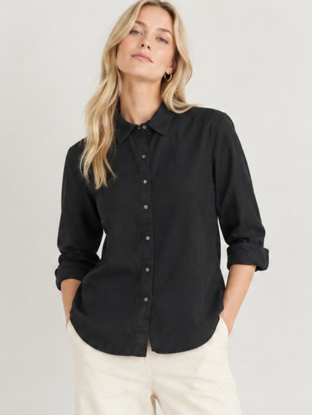 J. Crew Black Button Front Shirt Long Sleeve Classic Minimalist Career Office M